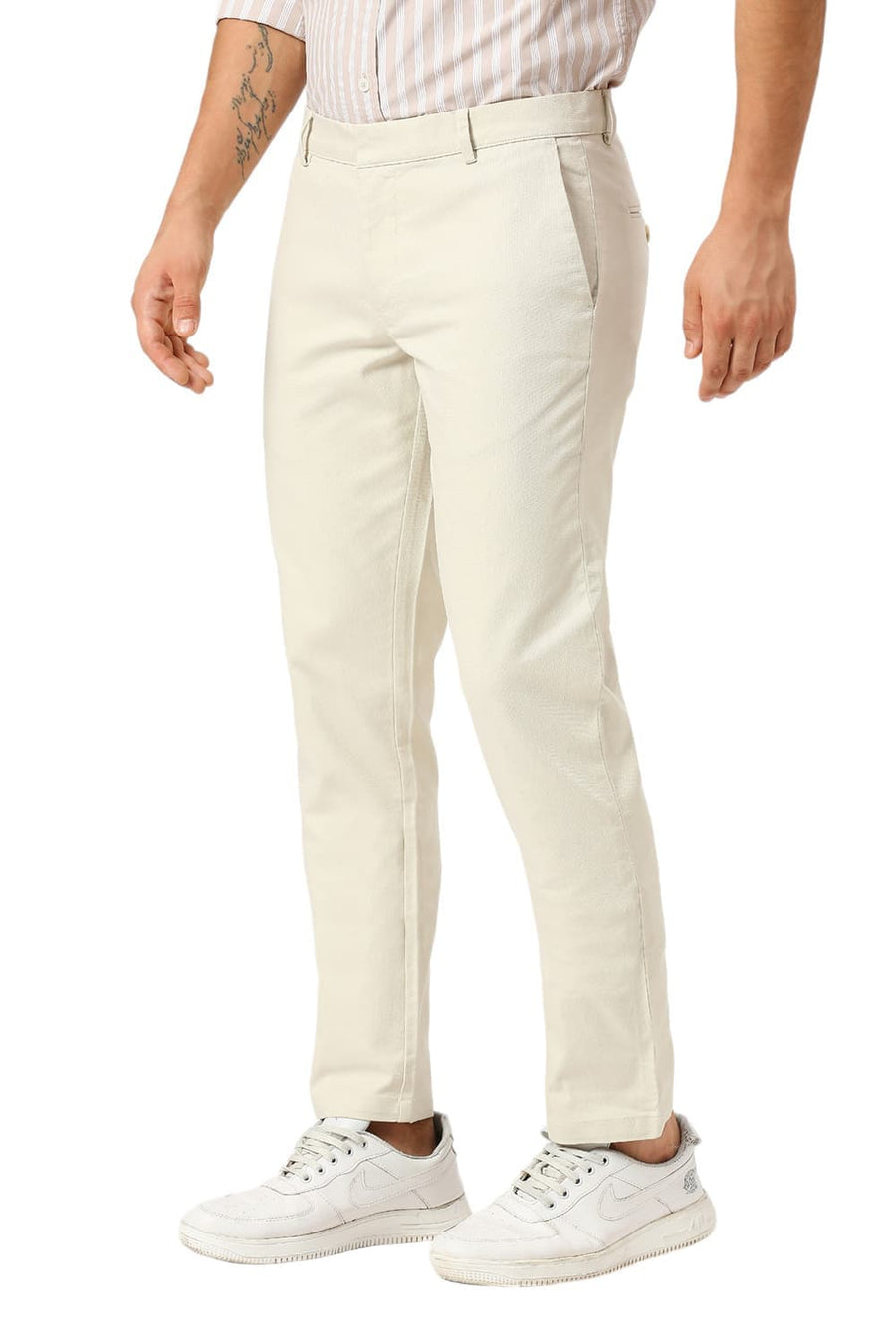 BASICS TAPERED FIT PRIESTINE BEIGE COTTON VISCOSE STRETCH DOBBY TROUSERS