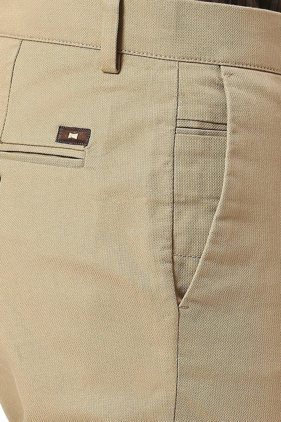 BASICS TAPERED FIT MINK KHAKI COTTON VISCOSE STRETCH DOBBY TROUSERS
