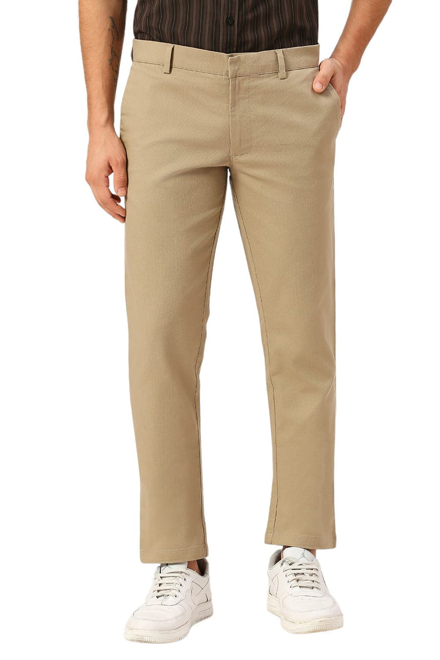 BASICS TAPERED FIT MINK KHAKI COTTON VISCOSE STRETCH DOBBY TROUSERS