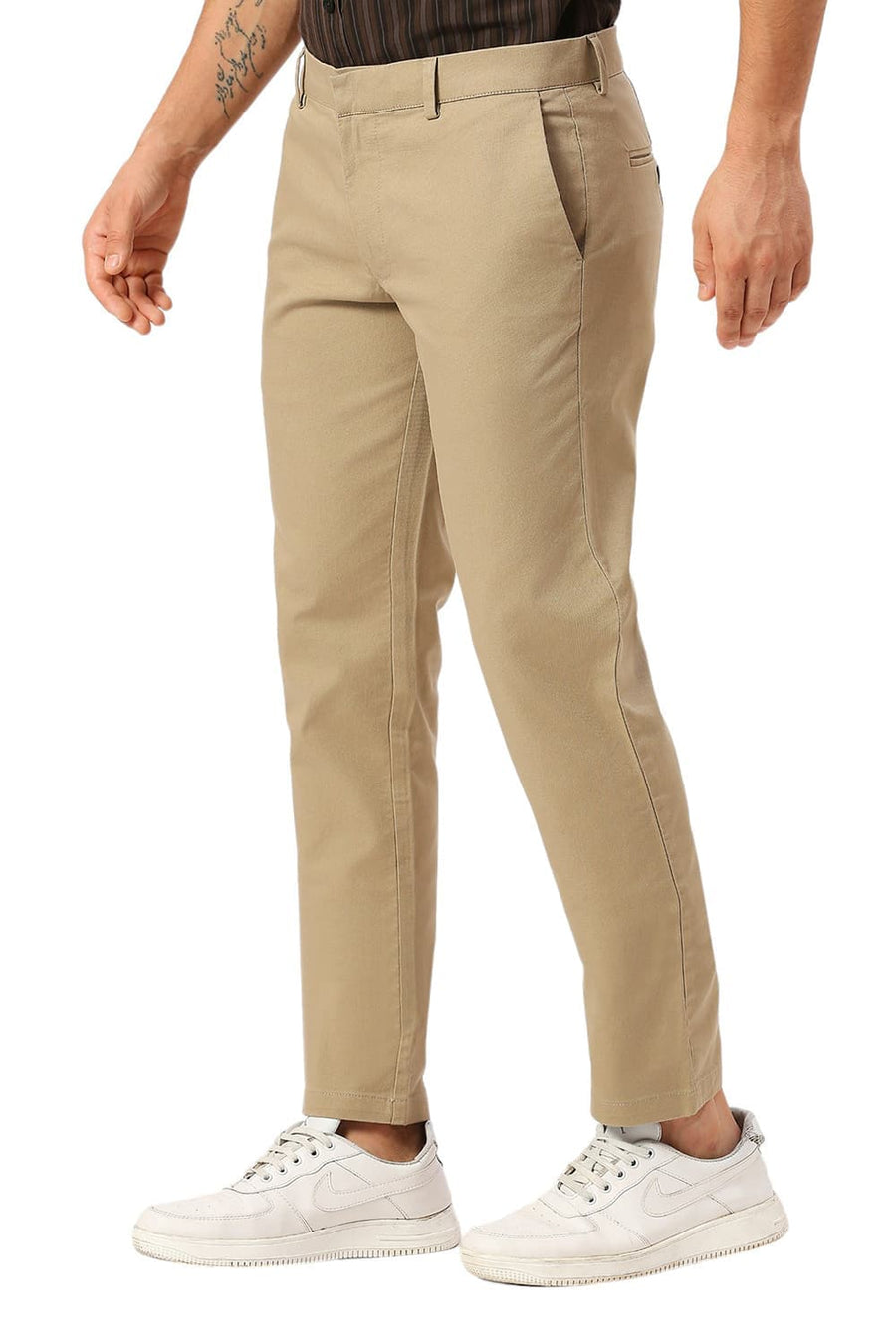 BASICS TAPERED FIT MINK KHAKI COTTON VISCOSE STRETCH DOBBY TROUSERS