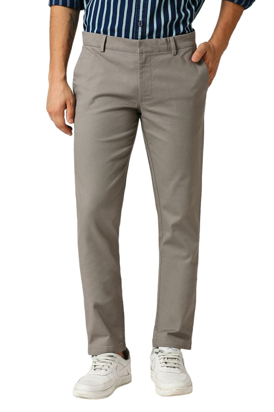 BASICS TAPERED FIT GANITE MID GREY COTTON VISCOSE STRETCH DOBBY TROUSERS