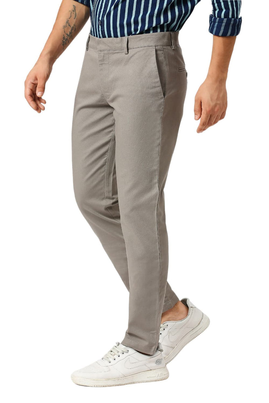 BASICS TAPERED FIT GANITE MID GREY COTTON VISCOSE STRETCH DOBBY TROUSERS