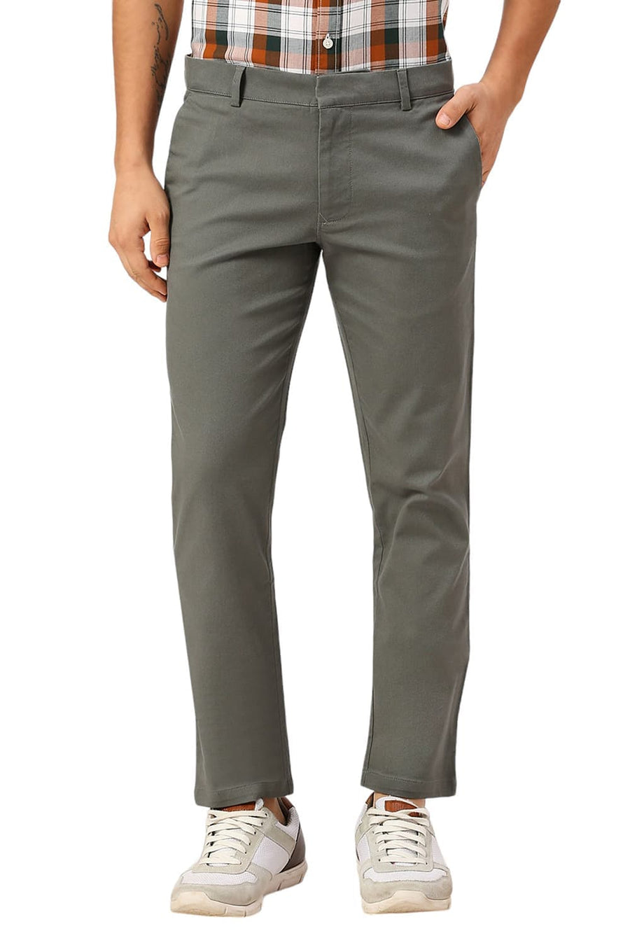 BASICS TAPERED FIT SEDONNA MID GREEN COTTON VISCOSE STRETCH DOBBY TROUSERS