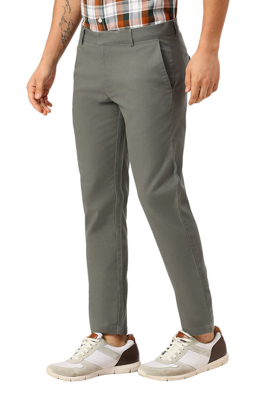 BASICS TAPERED FIT SEDONNA MID GREEN COTTON VISCOSE STRETCH DOBBY TROUSERS