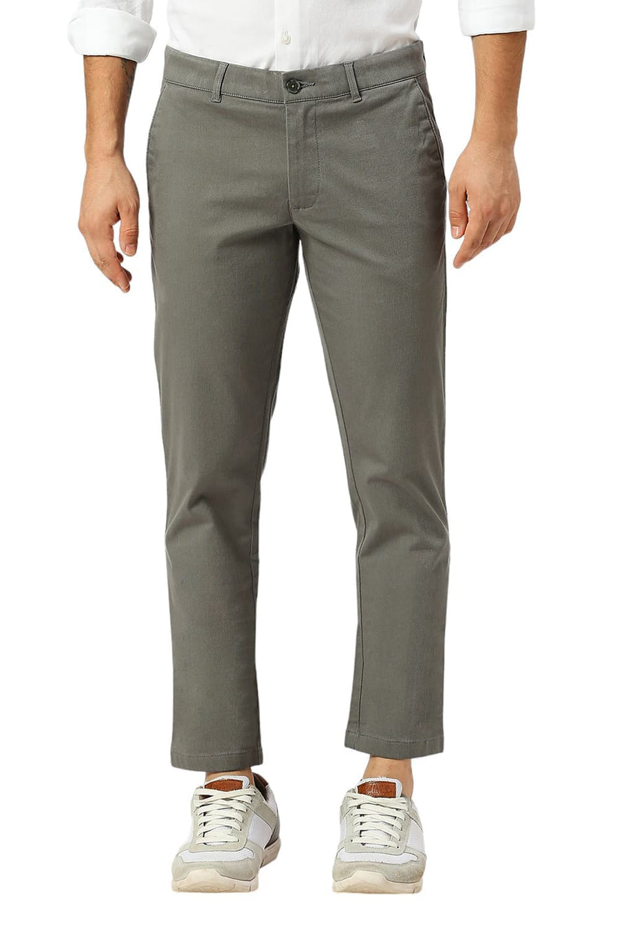 BASICS TAPERED FIT SEDONA MID GREY COTTON STRETCH DOBBY TROUSERS