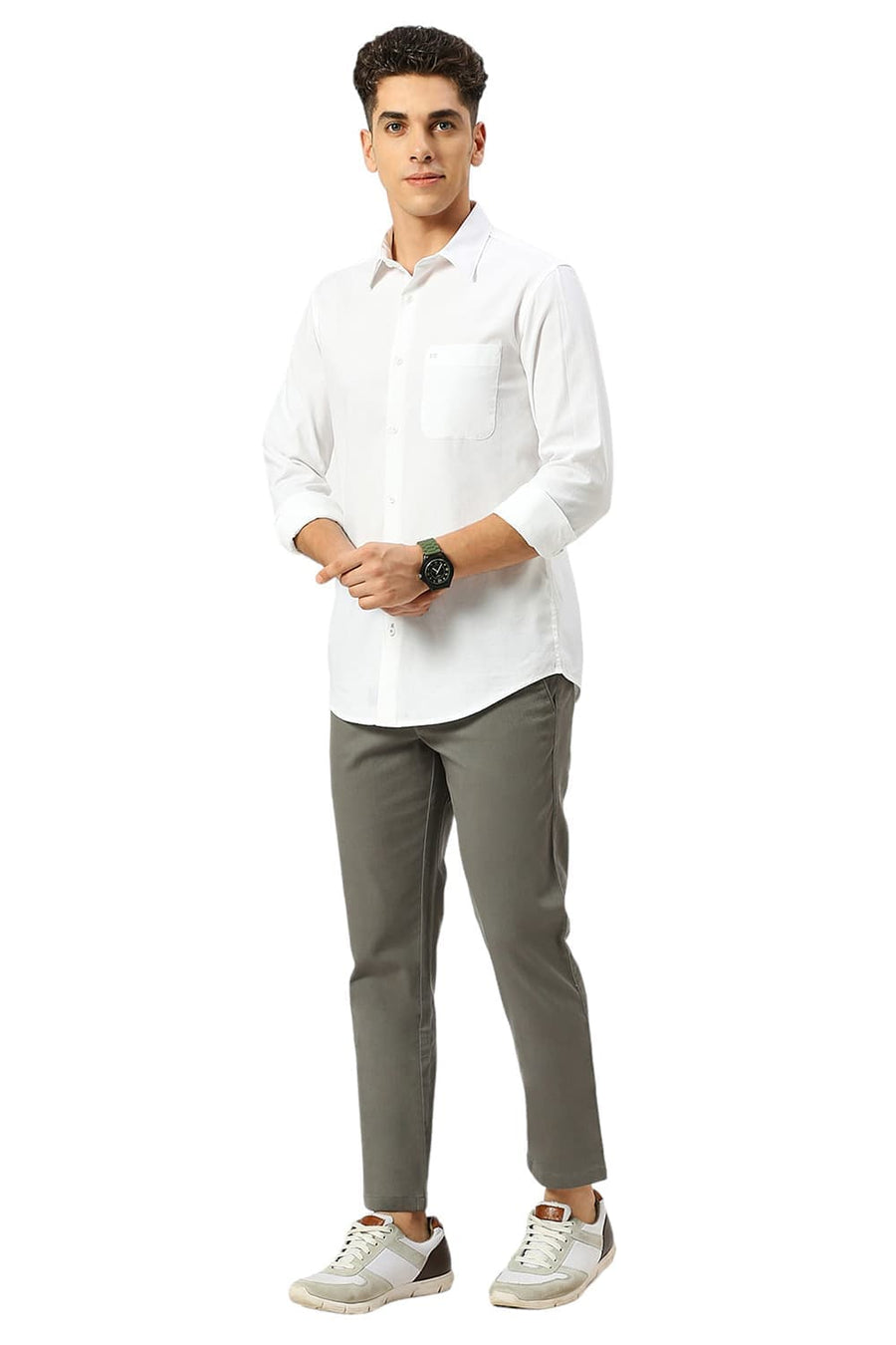 BASICS TAPERED FIT SEDONA MID GREY COTTON STRETCH DOBBY TROUSERS