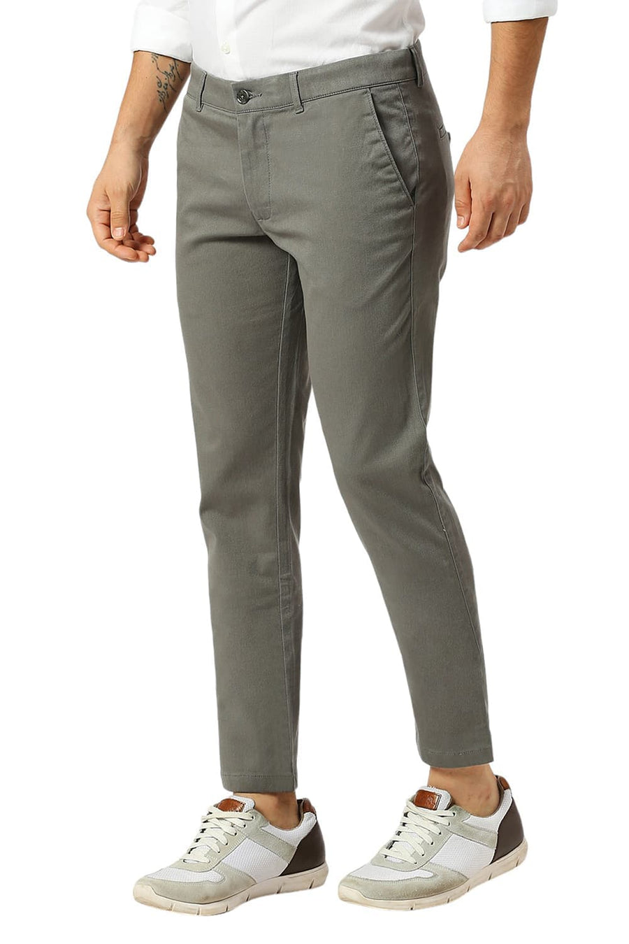 BASICS TAPERED FIT SEDONA MID GREY COTTON STRETCH DOBBY TROUSERS