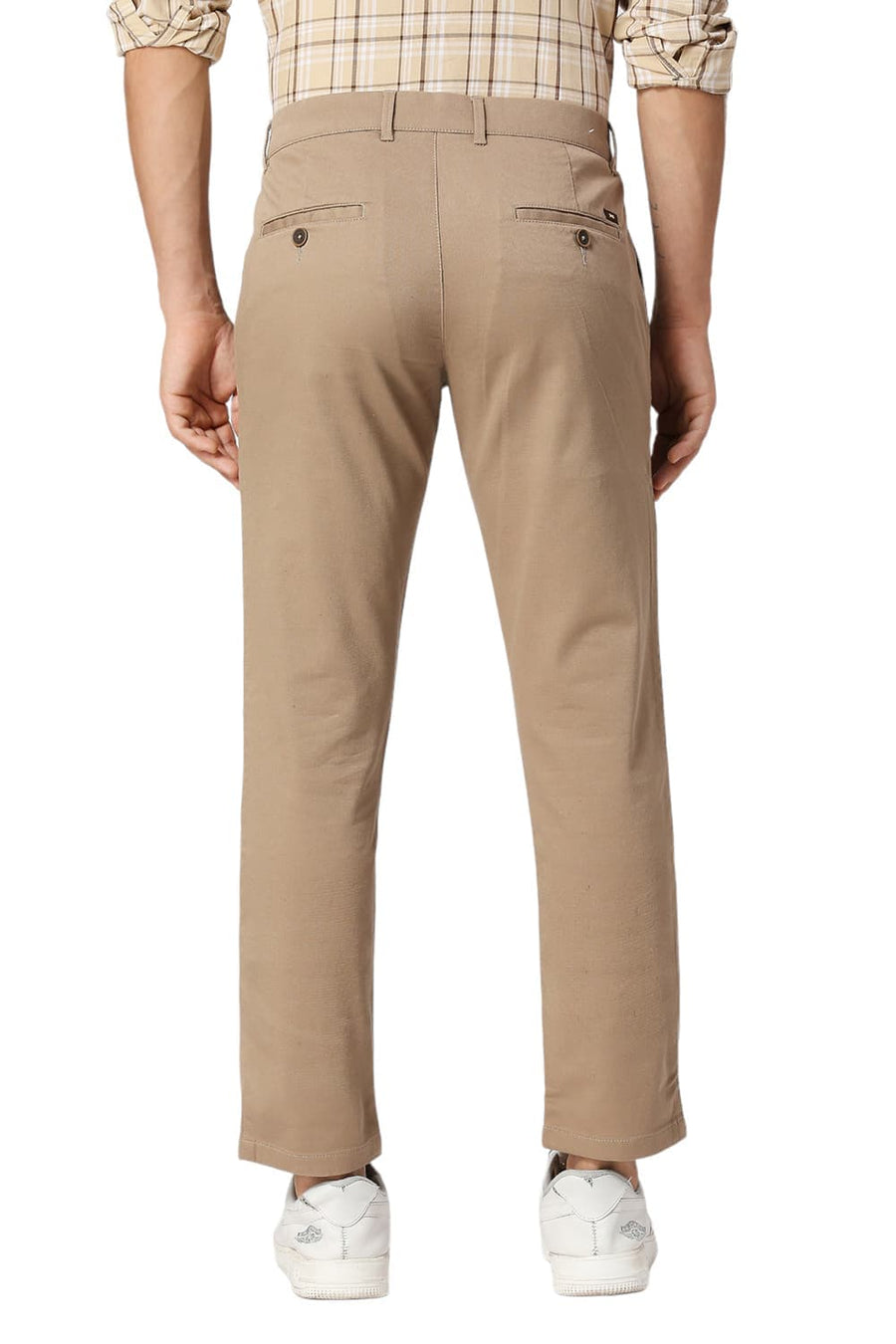 BASICS TAPERED FIT SEPIA KHAKI COTTON STRETCH DOBBY TROUSERS