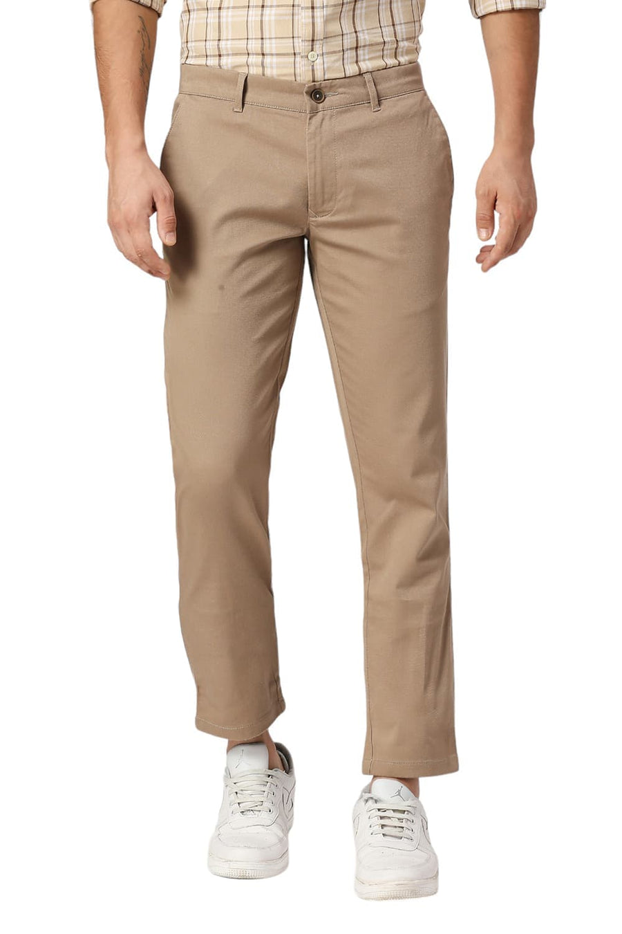 BASICS TAPERED FIT SEPIA KHAKI COTTON STRETCH DOBBY TROUSERS