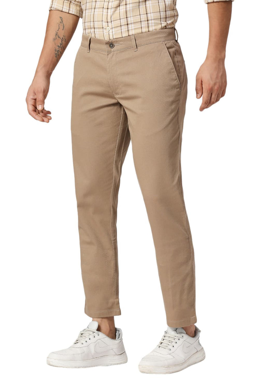 BASICS TAPERED FIT SEPIA KHAKI COTTON STRETCH DOBBY TROUSERS