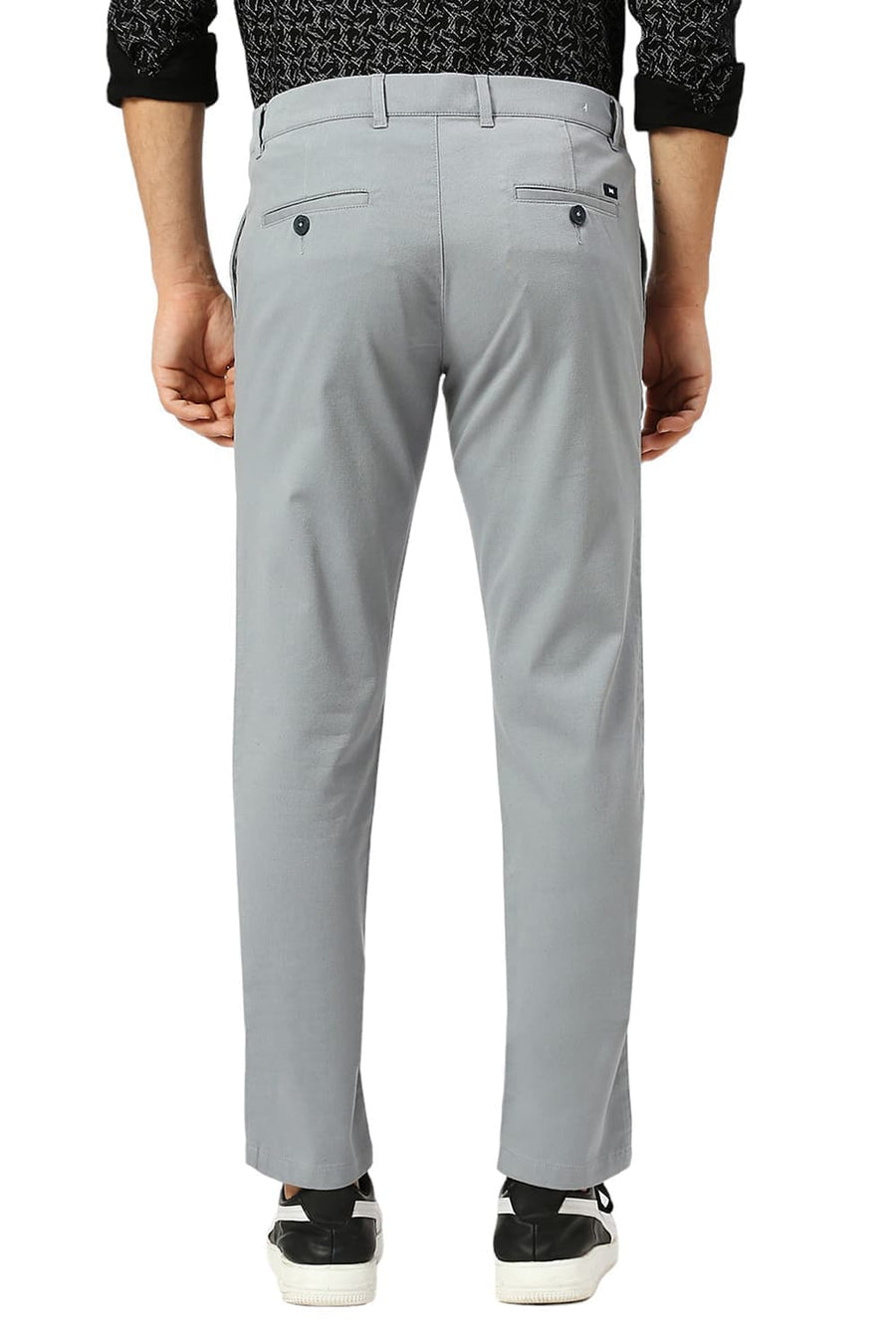 BASICS TAPERED FIT LEAD MID BLUE COTTON STRETCH DOBBY TROUSERS