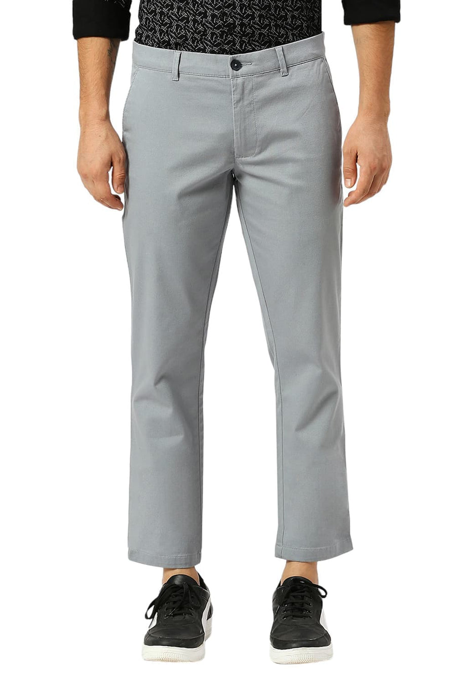 BASICS TAPERED FIT LEAD MID BLUE COTTON STRETCH DOBBY TROUSERS