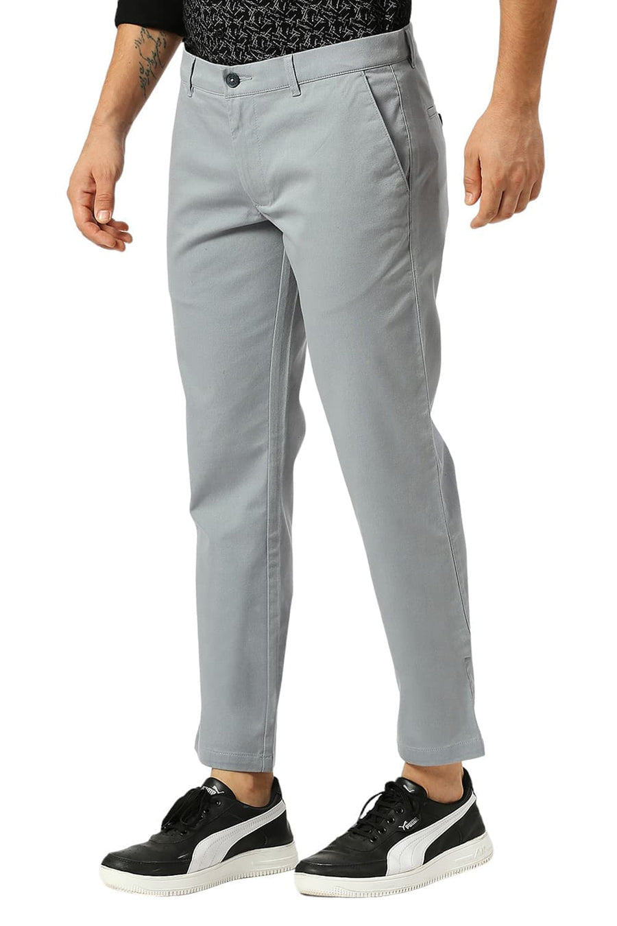 BASICS TAPERED FIT LEAD MID BLUE COTTON STRETCH DOBBY TROUSERS