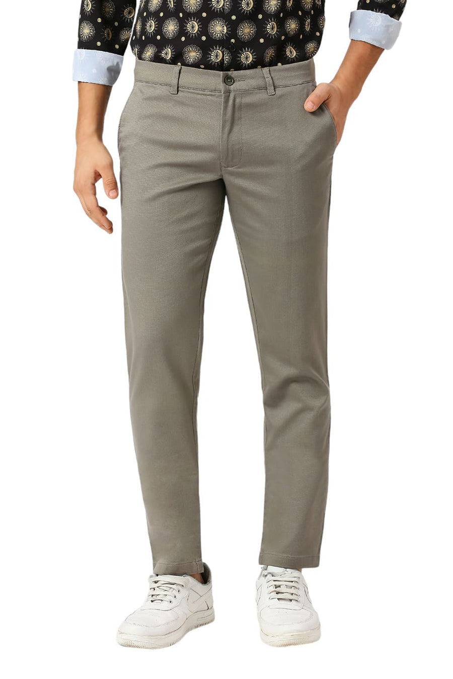 BASICS TAPERED FIT DURKY MID GREEN COTTON STRETCH DOBBY TROUSERS