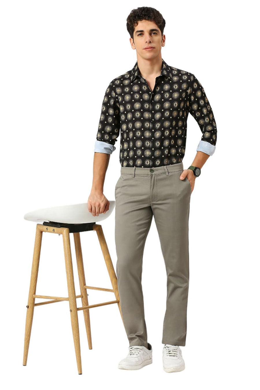 BASICS TAPERED FIT DURKY MID GREEN COTTON STRETCH DOBBY TROUSERS