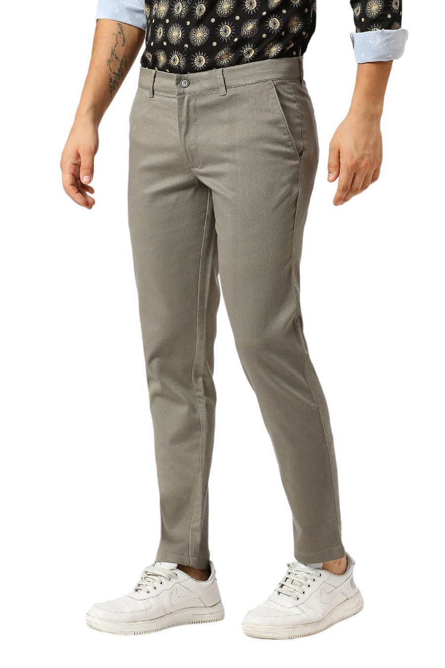 BASICS TAPERED FIT DURKY MID GREEN COTTON STRETCH DOBBY TROUSERS