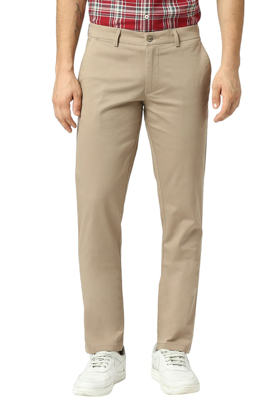 BASICS TAPERED FIT RAIN MID BROWN COTTON STRETCH DOBBY TROUSERS