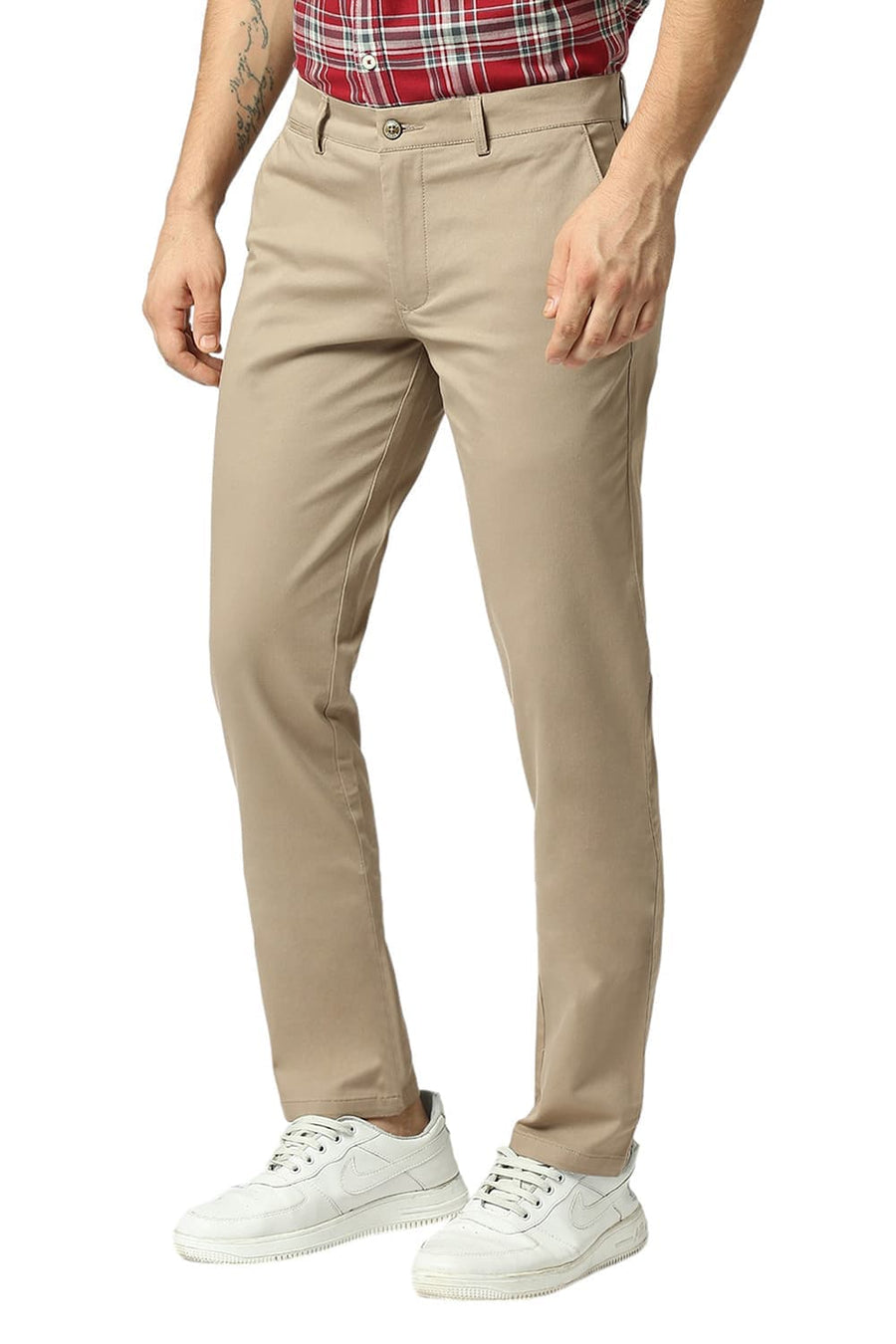 BASICS TAPERED FIT RAIN MID BROWN COTTON STRETCH DOBBY TROUSERS