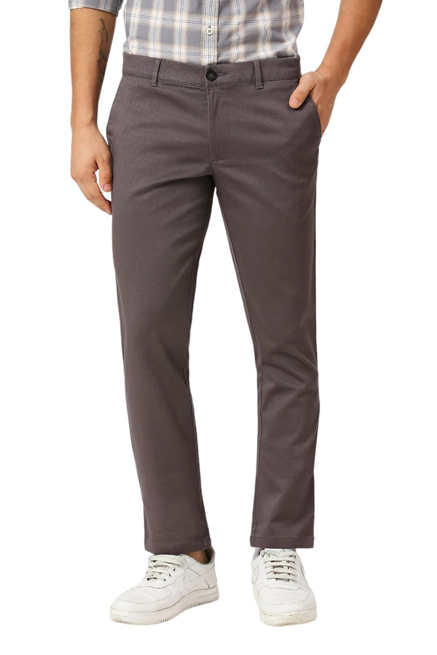 BASICS TAPERED FIT OBSIDIAN DARK GREY COTTON STRETCH DOBBY TROUSERS