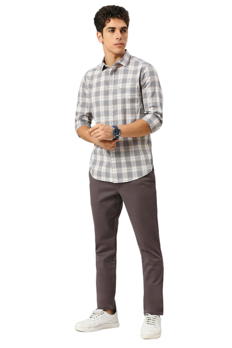 BASICS TAPERED FIT OBSIDIAN DARK GREY COTTON STRETCH DOBBY TROUSERS