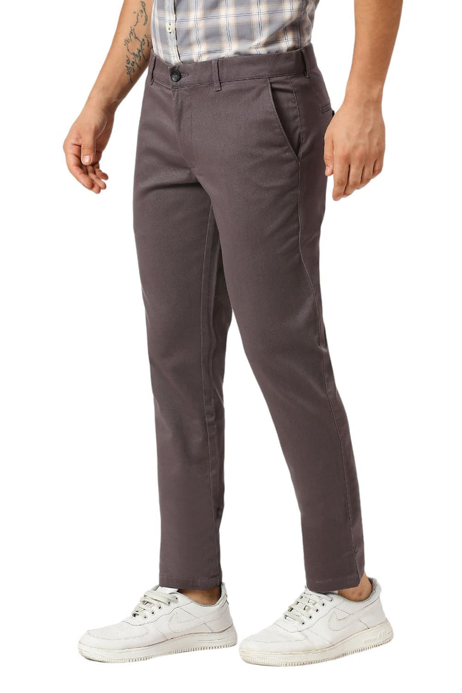 BASICS TAPERED FIT OBSIDIAN DARK GREY COTTON STRETCH DOBBY TROUSERS