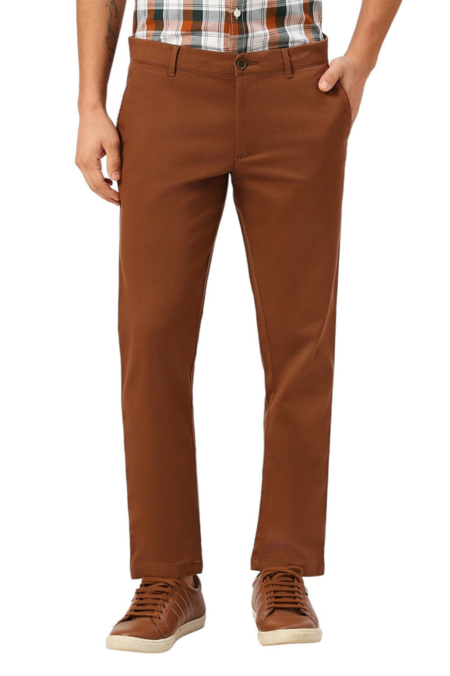 BASICS TAPERED FIT TIRAMISU DARK BROWN COTTON STRETCH DOBBY TROUSERS