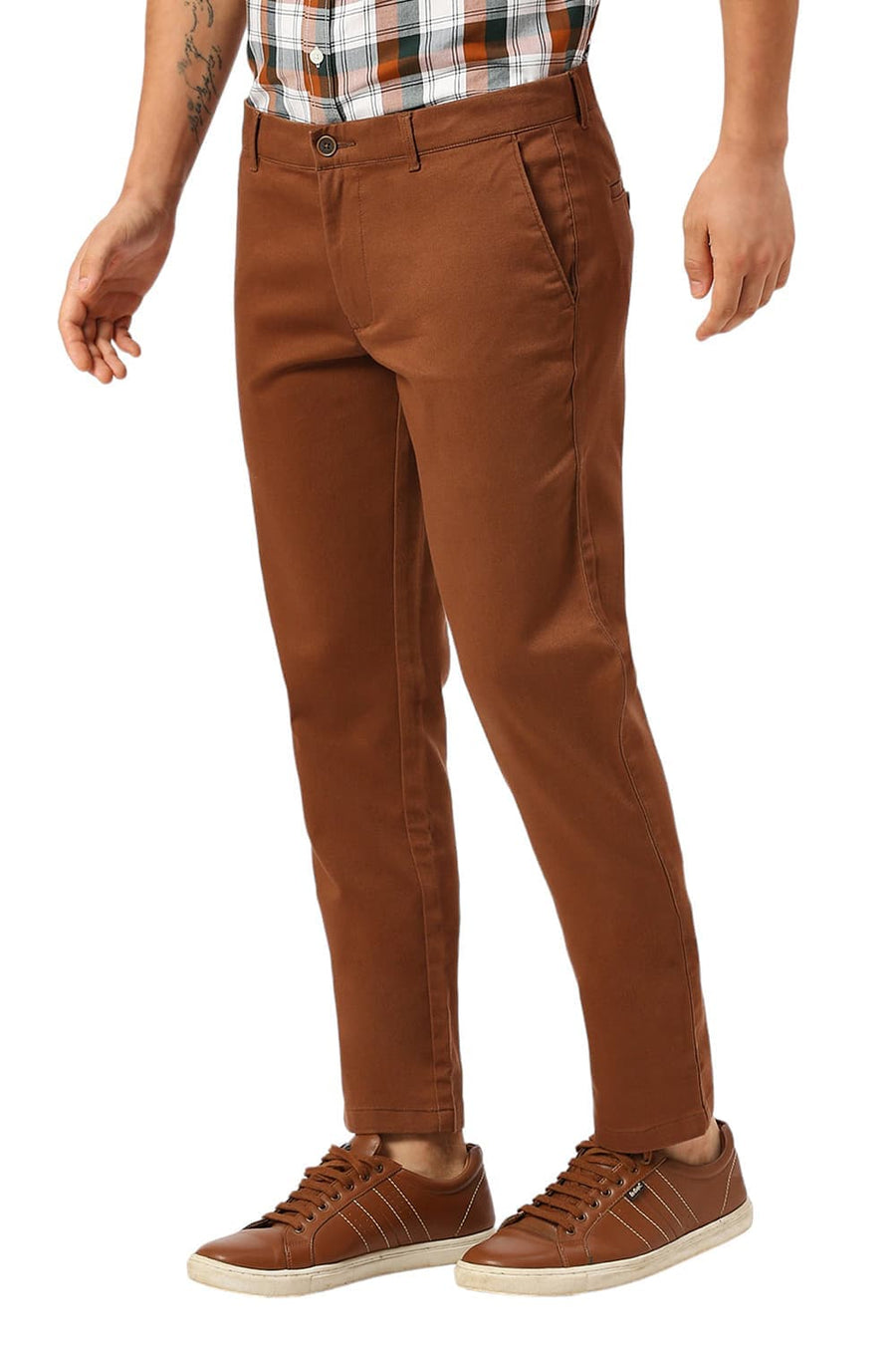 BASICS TAPERED FIT TIRAMISU DARK BROWN COTTON STRETCH DOBBY TROUSERS