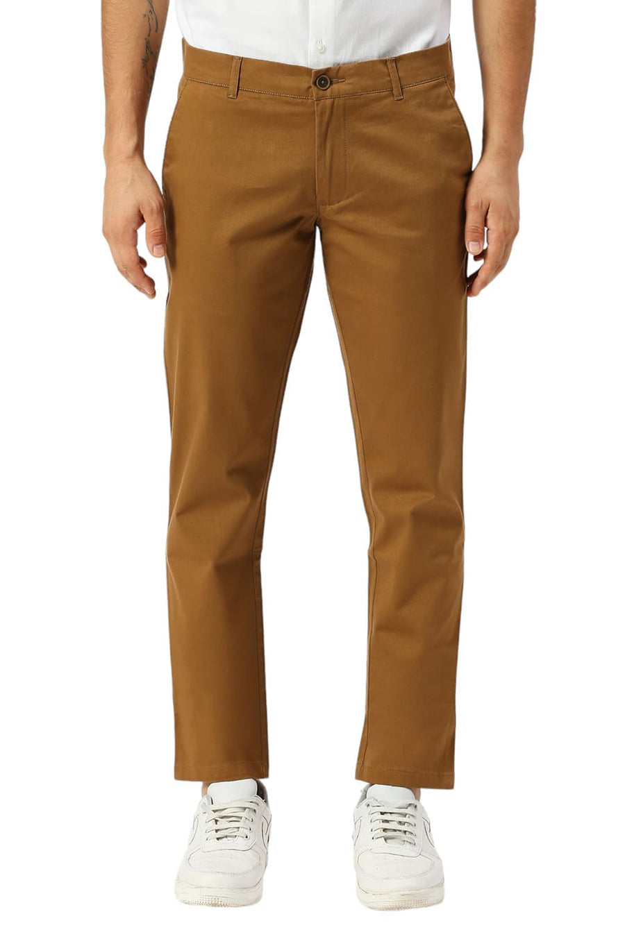 BASICS TAPERED FIT ERMINE KHAKI COTTON STRETCH DOBBY TROUSERS