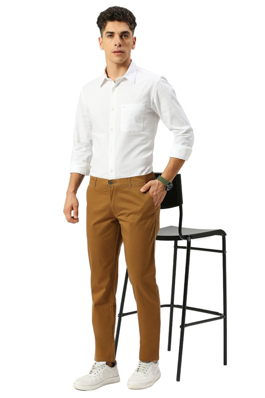 BASICS TAPERED FIT ERMINE KHAKI COTTON STRETCH DOBBY TROUSERS