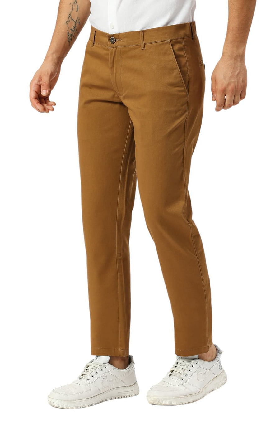BASICS TAPERED FIT ERMINE KHAKI COTTON STRETCH DOBBY TROUSERS