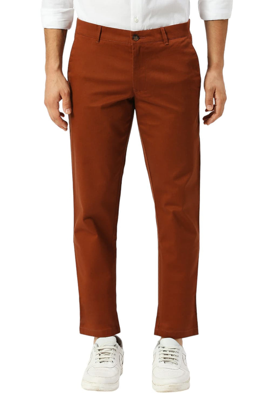 BASICS TAPERED FIT IMPERIAL BROWN COTTON STRETCH DOBBY TROUSERS