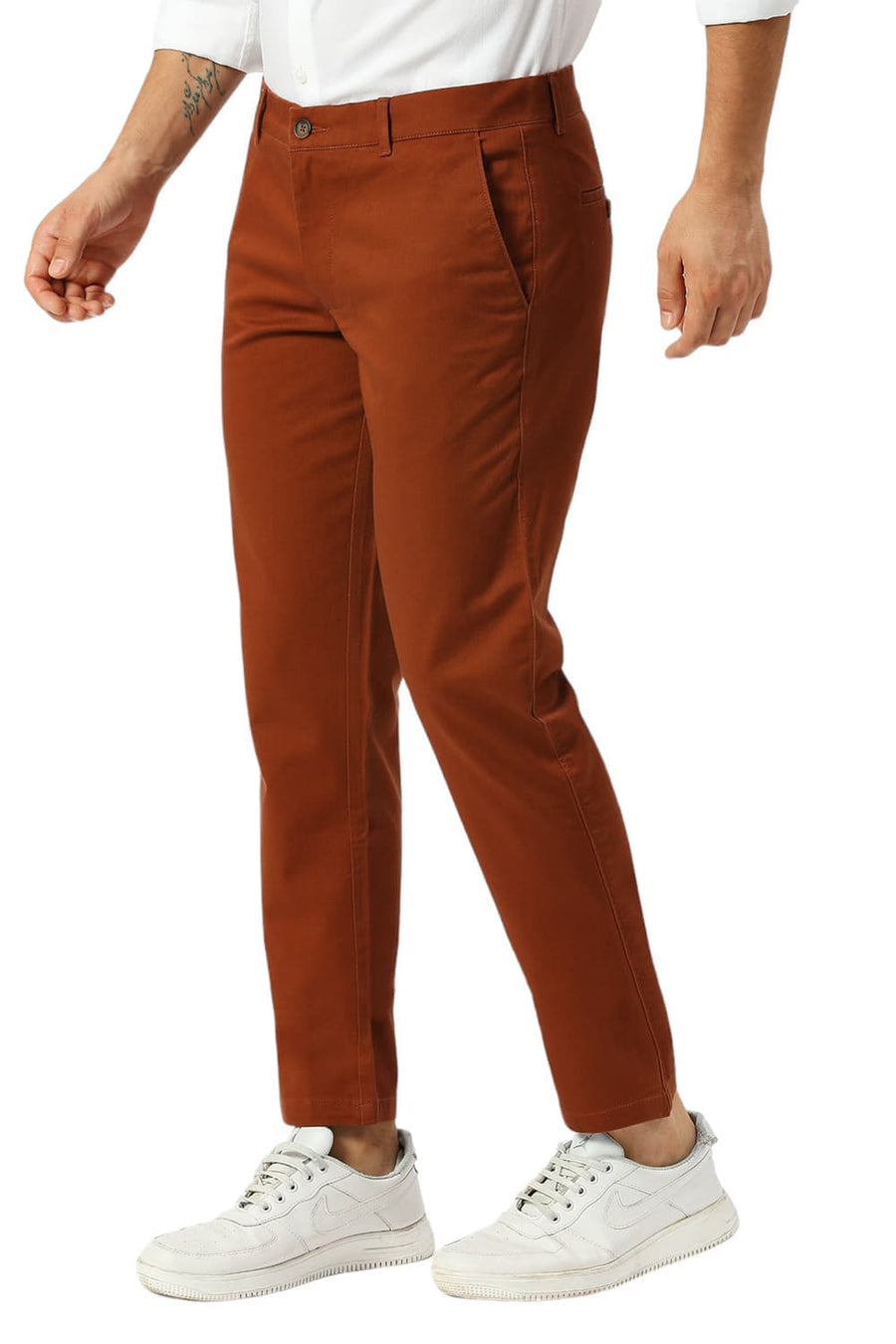 BASICS TAPERED FIT IMPERIAL BROWN COTTON STRETCH DOBBY TROUSERS