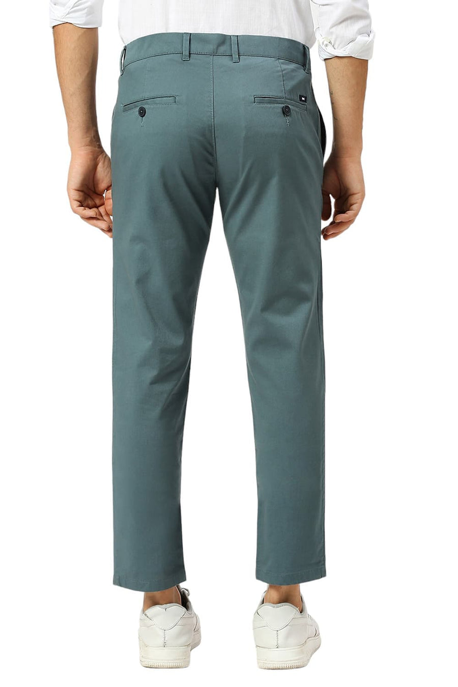 BASICS TAPERED FIT SEA TEAL COTTON STRETCH DOBBY TROUSERS