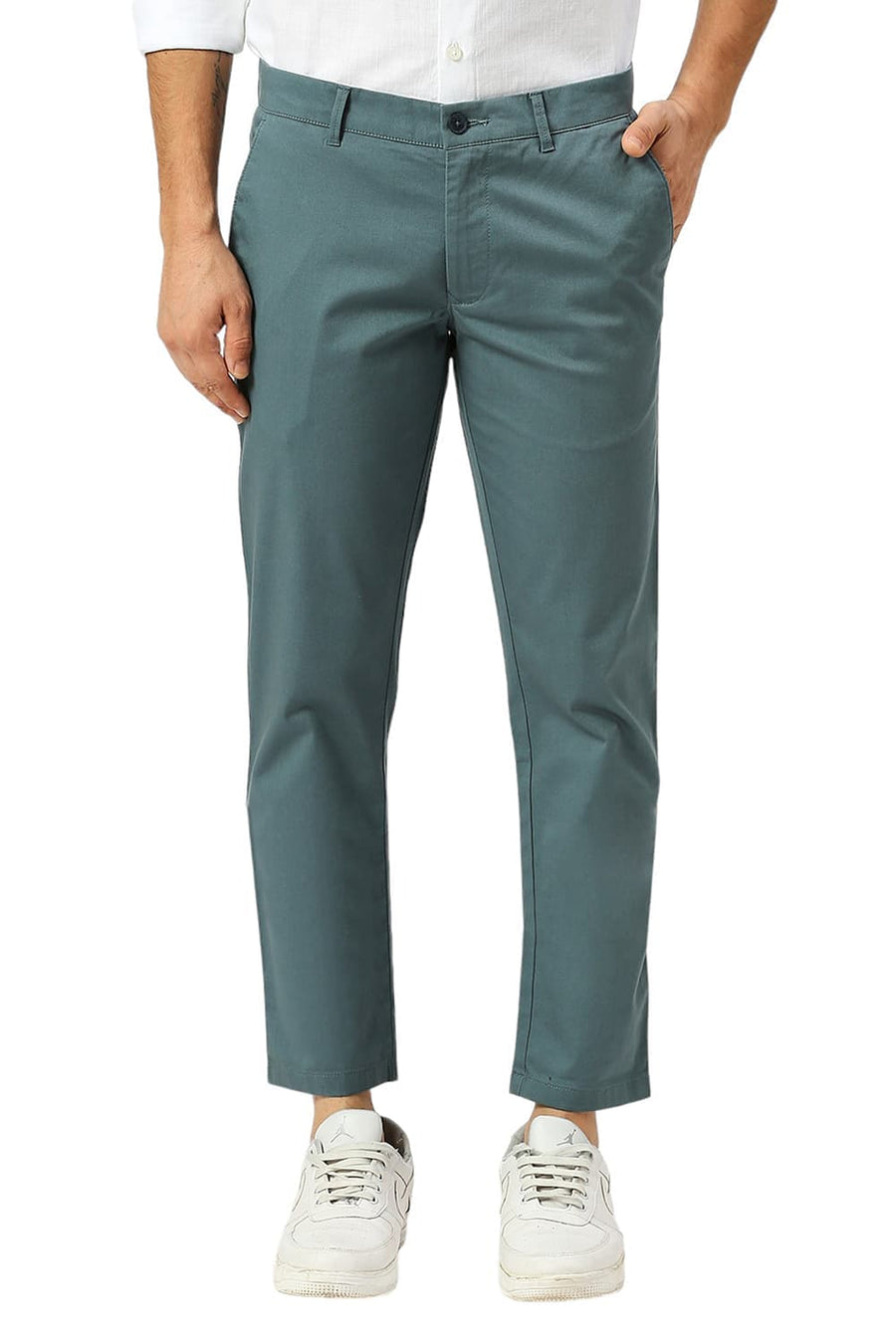 BASICS TAPERED FIT SEA TEAL COTTON STRETCH DOBBY TROUSERS