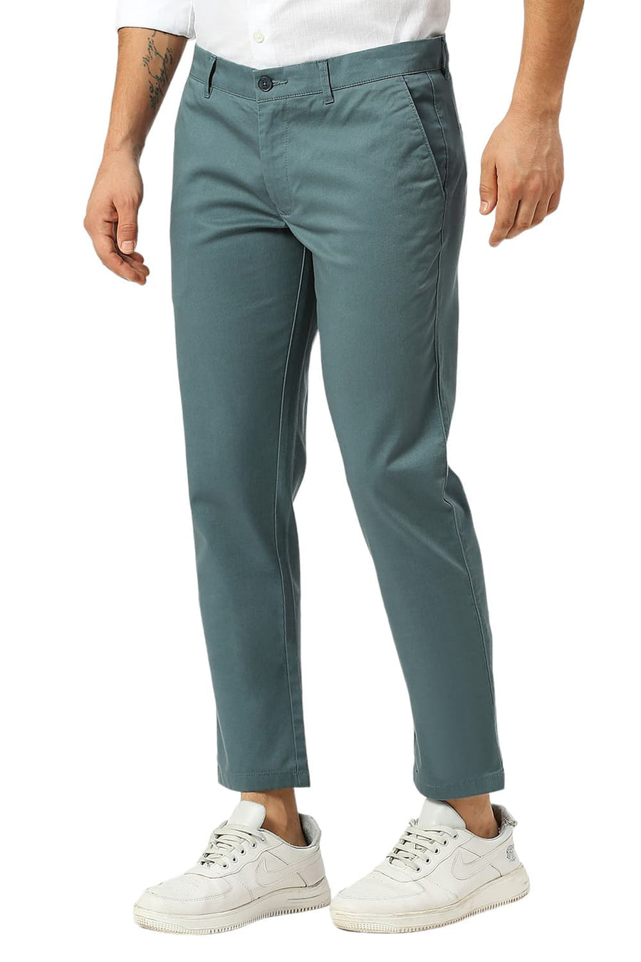 BASICS TAPERED FIT SEA TEAL COTTON STRETCH DOBBY TROUSERS