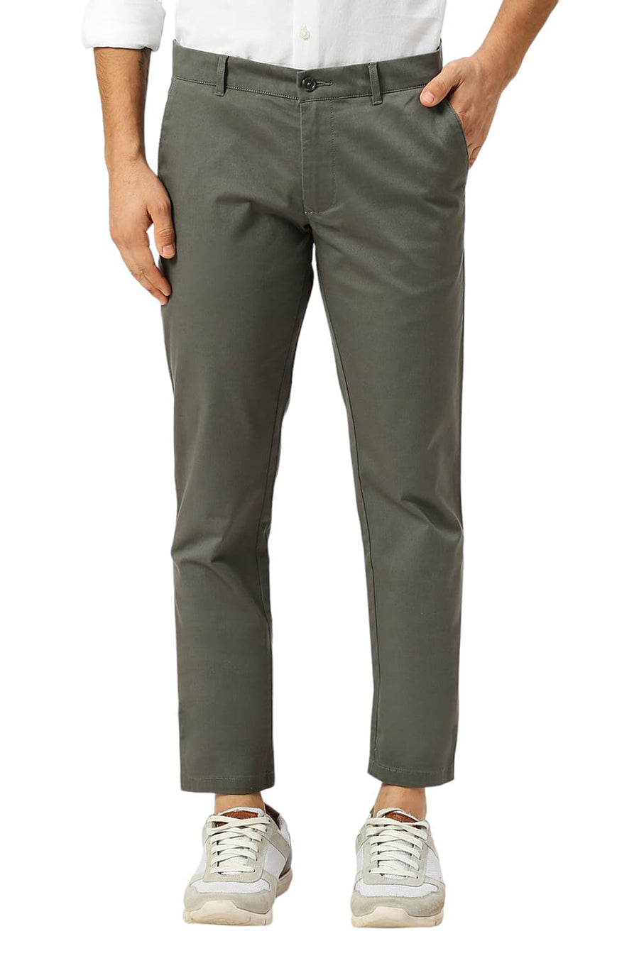 BASICS TAPERED FIT CILANTRO GREY COTTON STRETCH DOBBY TROUSERS