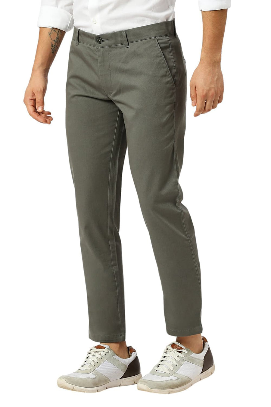 BASICS TAPERED FIT CILANTRO GREY COTTON STRETCH DOBBY TROUSERS