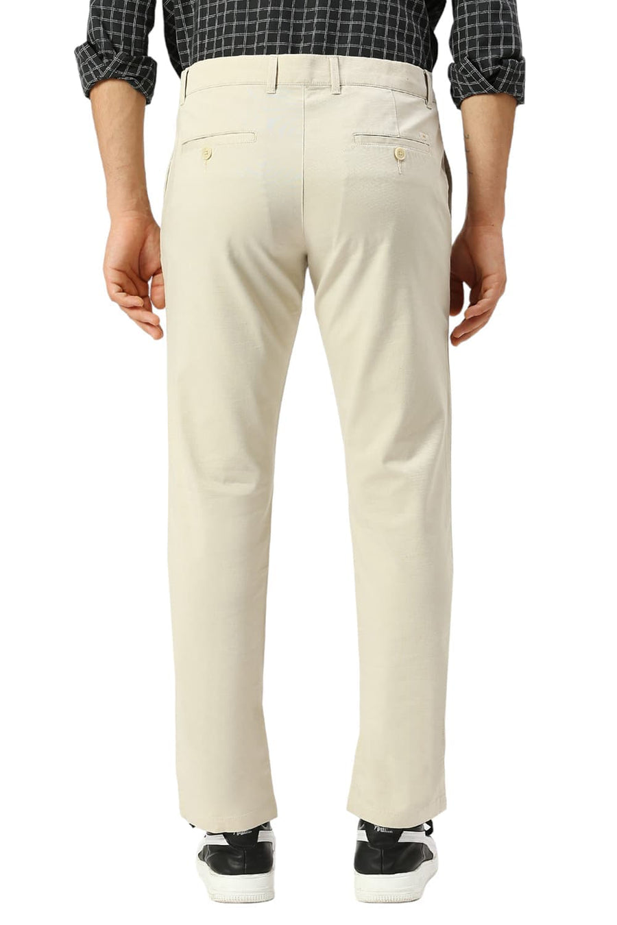 BASICS TAPERED FIT ALMOND ECRU COTTON STRETCH DOBBY TROUSERS