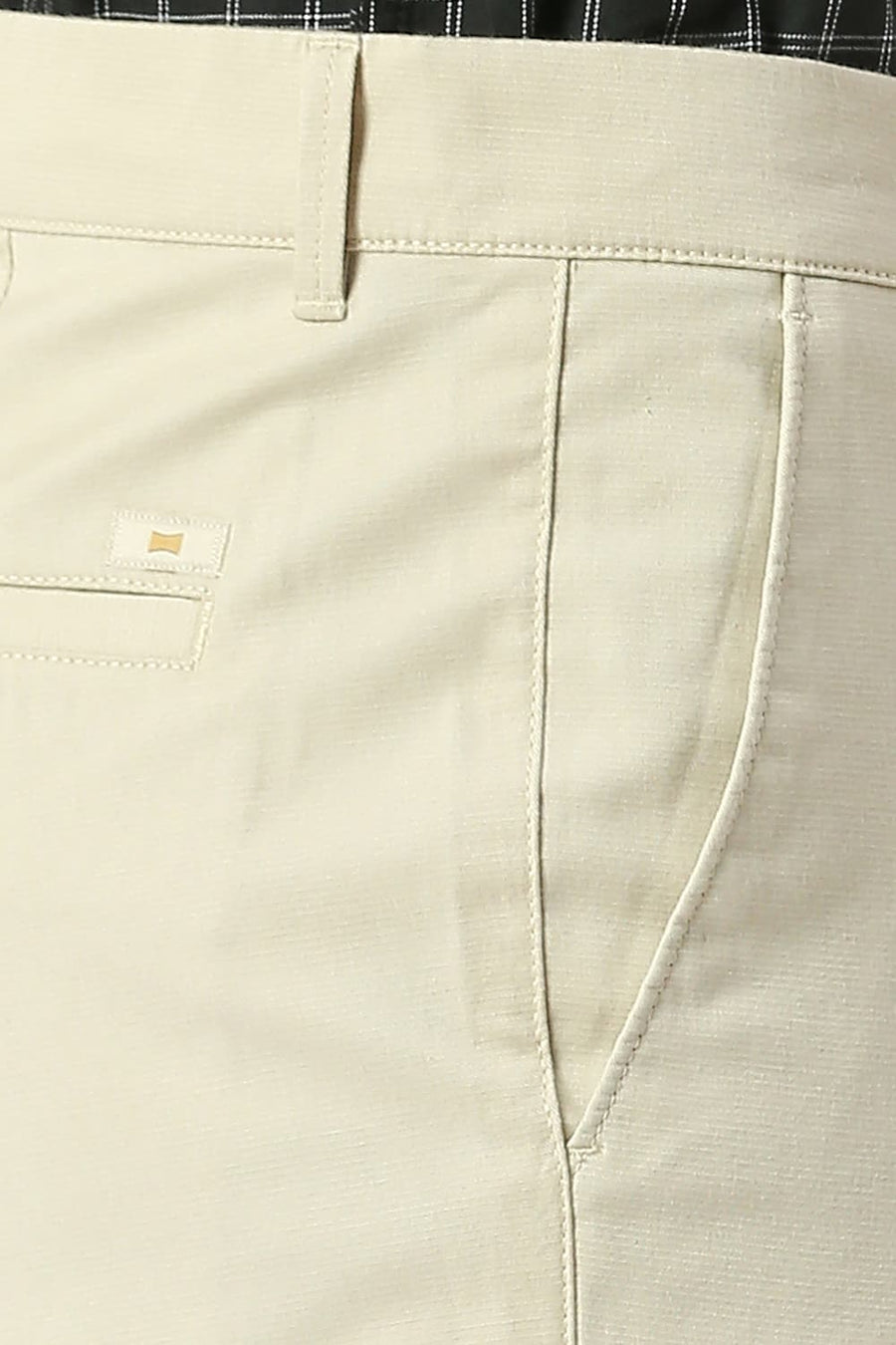 BASICS TAPERED FIT ALMOND ECRU COTTON STRETCH DOBBY TROUSERS