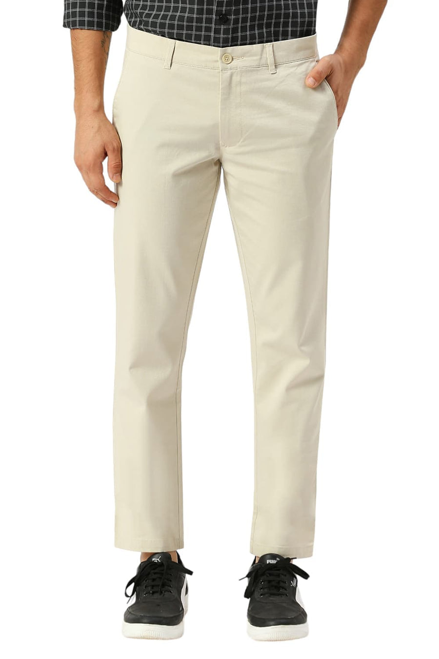 BASICS TAPERED FIT ALMOND ECRU COTTON STRETCH DOBBY TROUSERS