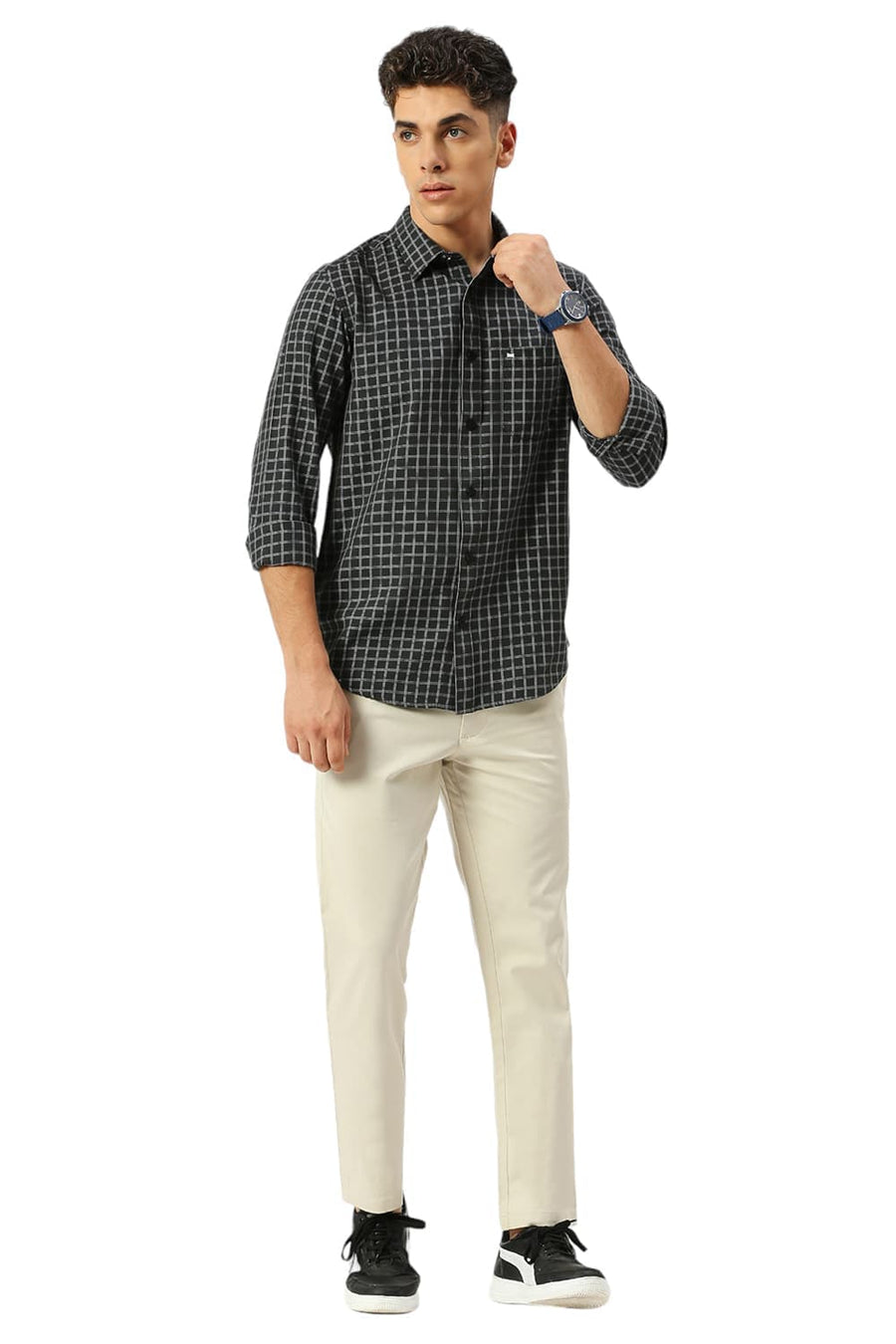 BASICS TAPERED FIT ALMOND ECRU COTTON STRETCH DOBBY TROUSERS