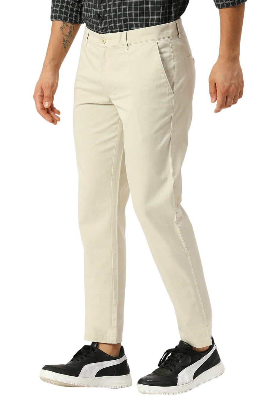 BASICS TAPERED FIT ALMOND ECRU COTTON STRETCH DOBBY TROUSERS