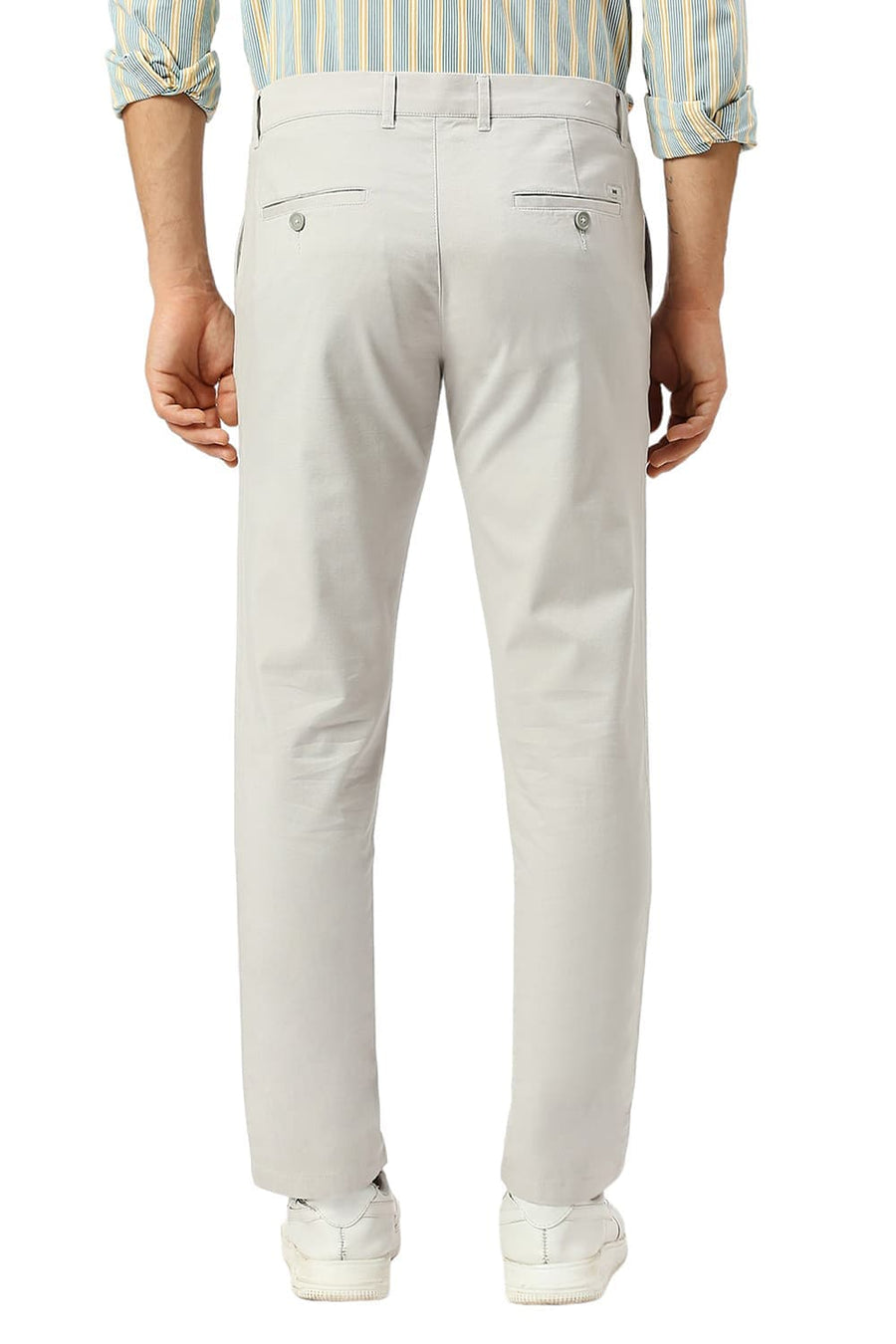 BASICS TAPERED FIT QUIET LIGHT GREY COTTON STRETCH DOBBY TROUSERS