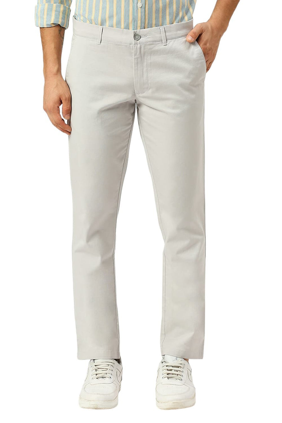 BASICS TAPERED FIT QUIET LIGHT GREY COTTON STRETCH DOBBY TROUSERS