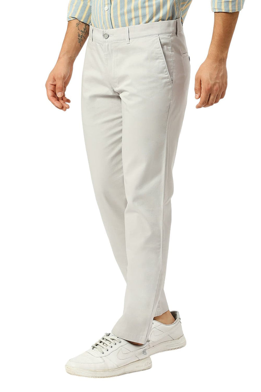 BASICS TAPERED FIT QUIET LIGHT GREY COTTON STRETCH DOBBY TROUSERS