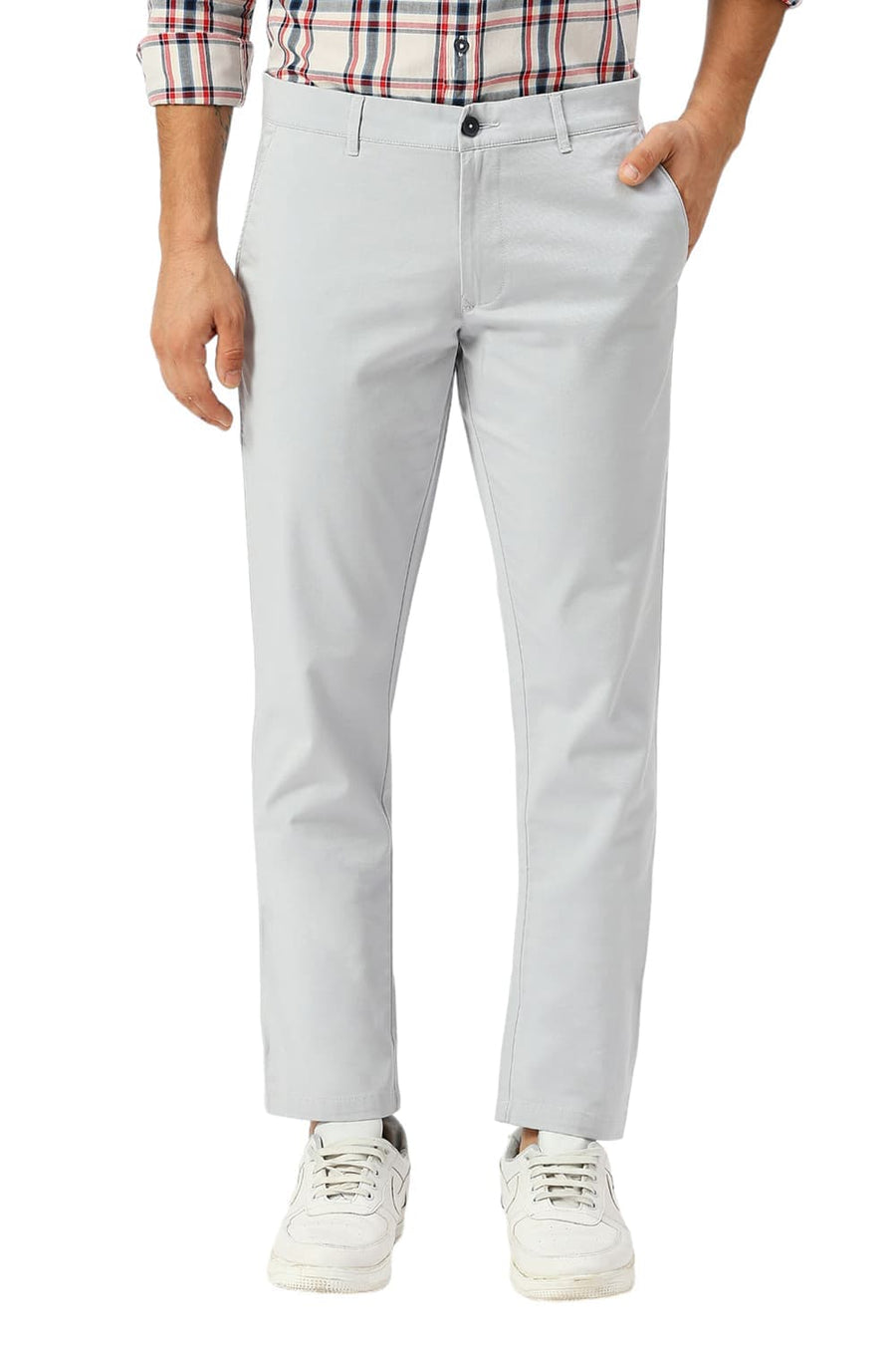 BASICS TAPERED FIT HARBOR LIGHT BLUE COTTON STRETCH DOBBY TROUSERS