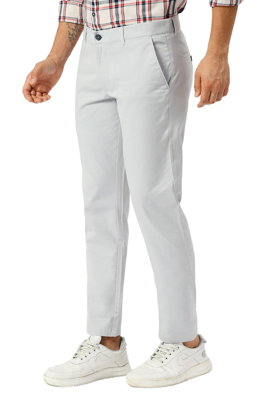 BASICS TAPERED FIT HARBOR LIGHT BLUE COTTON STRETCH DOBBY TROUSERS