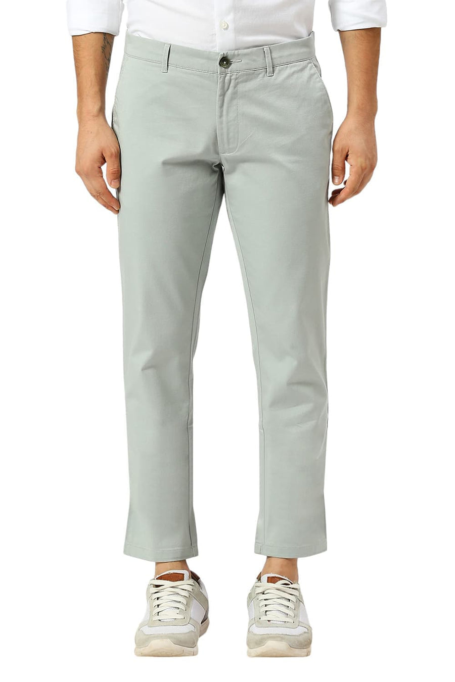 BASICS TAPERED FIT LIMESTONE LIGHT GREEN COTTON STRETCH DOBBY TROUSERS