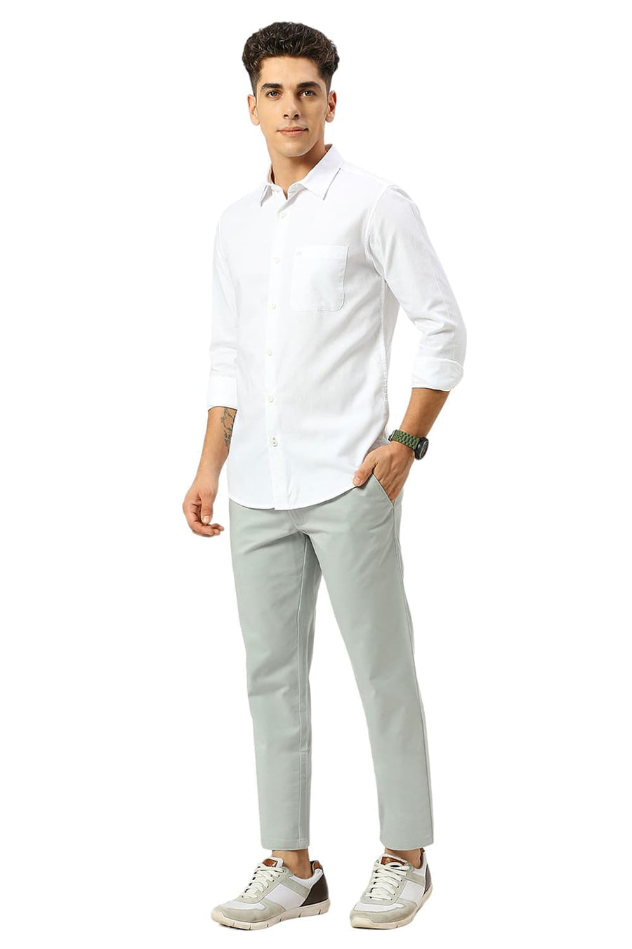 BASICS TAPERED FIT LIMESTONE LIGHT GREEN COTTON STRETCH DOBBY TROUSERS