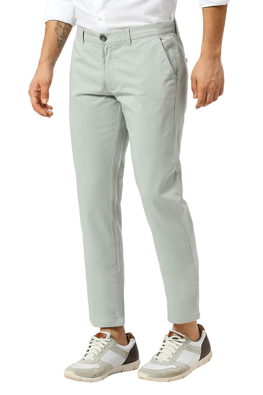 BASICS TAPERED FIT LIMESTONE LIGHT GREEN COTTON STRETCH DOBBY TROUSERS